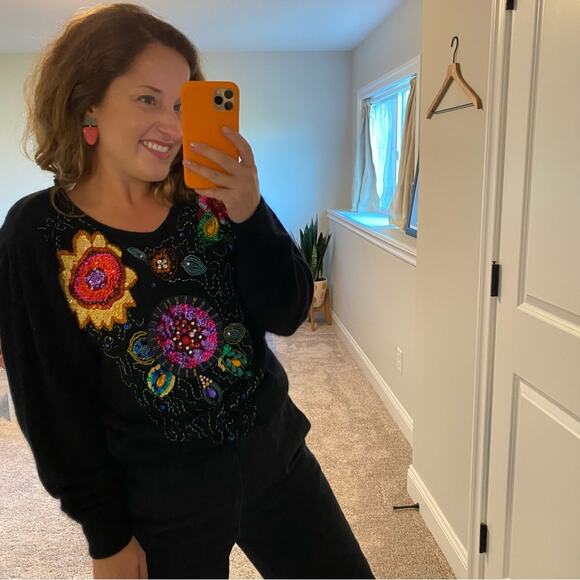 Vintage Cedars Black Embellished Beaded Sequin Silk Angora Sweater Small - Picture 5 of 12